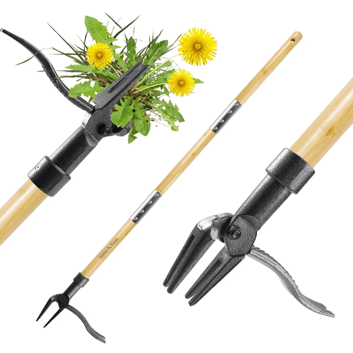 46'' Stand Up Weed Puller Tool with 4-Claw Steel Head and Bamboo Handle, No-Bend Weeder Tool for Lawn & Garden